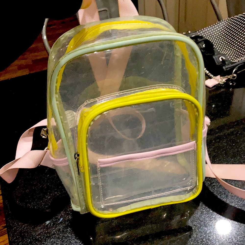 clear pastel backpack and pink fanny pack!